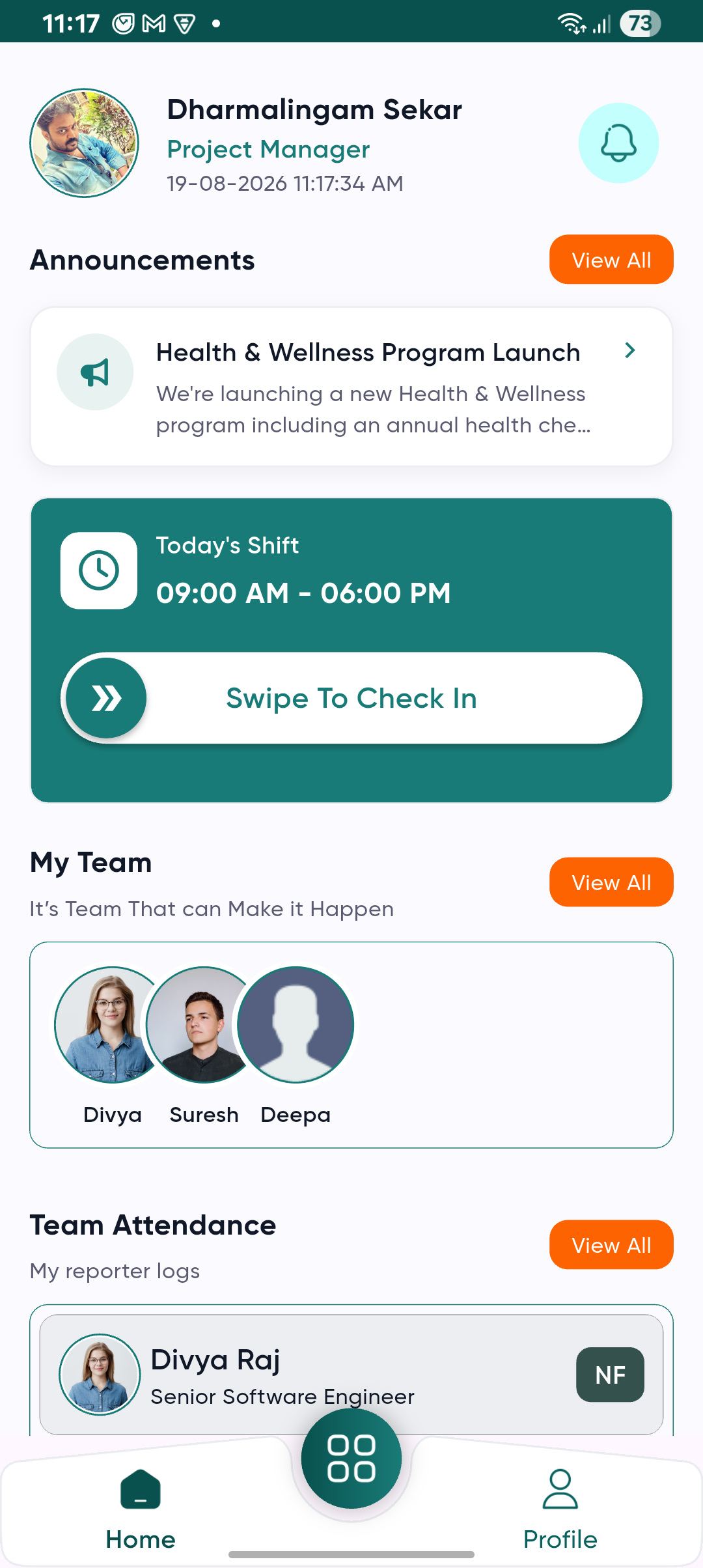 TST HRMS mobile app home screen