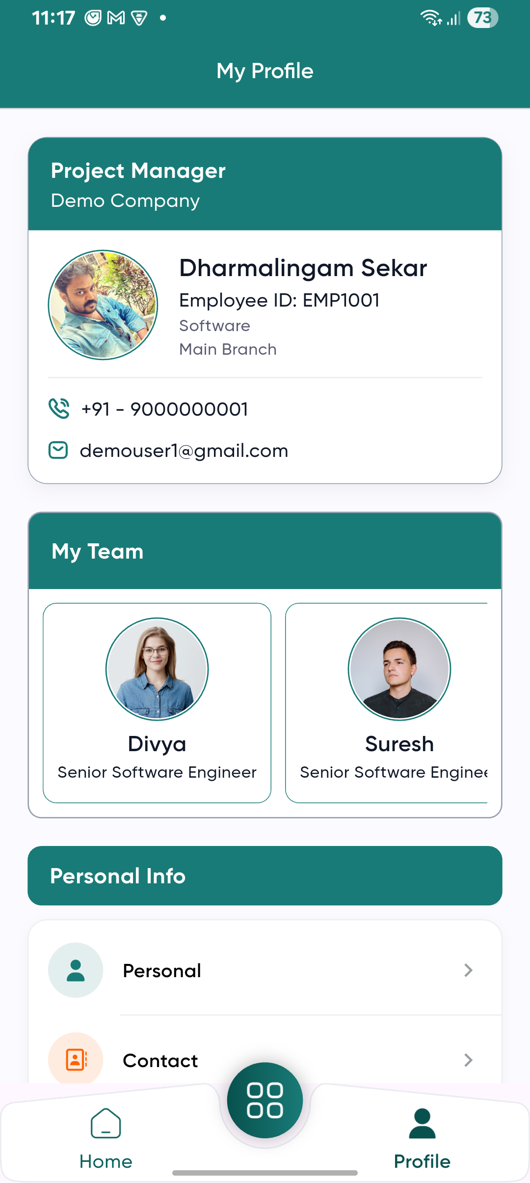 TST HRMS mobile app profile screen
